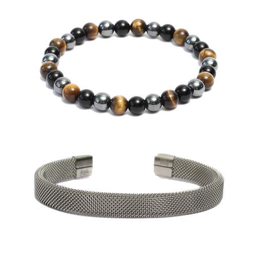 Bracelet Combo: Beaded Link Bracelets in Hematite, Onyx  Tiger Eye Gemstone Beads & Steel Mesh Cuff Bracelet