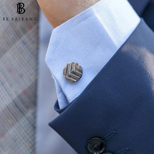 Round Chevron Cufflink Set in White Gold plating