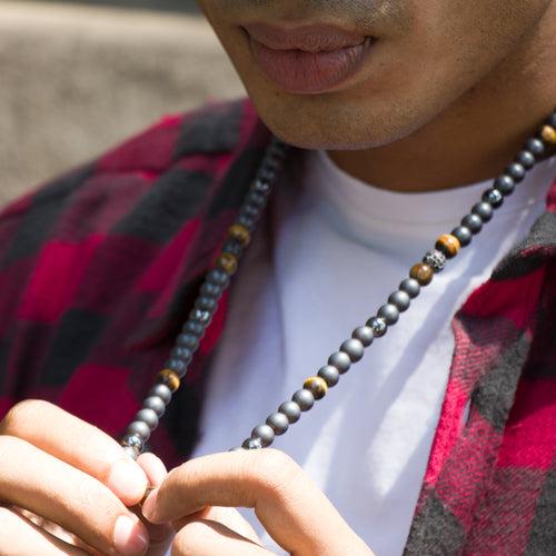 Boho Link beaded chain with Tiger eye and Hematite Gemstones