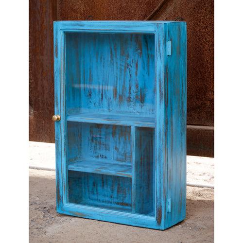 Traditional Blue Distressed Finished Wooden Handmade Wall Cabinet