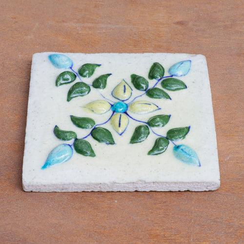 Glamour Rich Embossed Flower Designed Ceramic Square Tile Set of 2