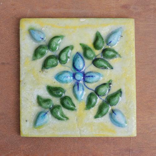 Evergreen Rich Embossed Flowered Designed Ceramic Square Tile Set of 2
