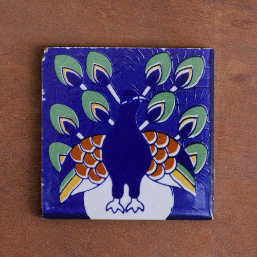 Glamour Bold Blue Peacock Designed Ceramic Square Tile Set of 2