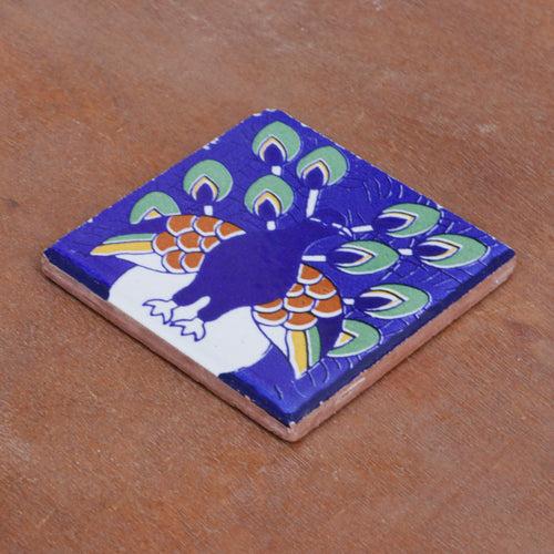 Glamour Bold Blue Peacock Designed Ceramic Square Tile Set of 2