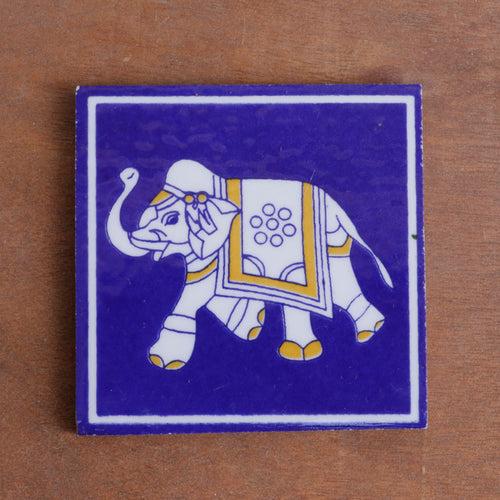 Mormon Blue Cultural Elephant Designed Ceramic Square Tile Set of 2