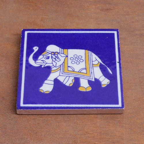 Mormon Blue Cultural Elephant Designed Ceramic Square Tile Set of 2