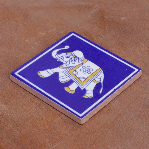 Mormon Blue Cultural Elephant Designed Ceramic Square Tile Set of 2