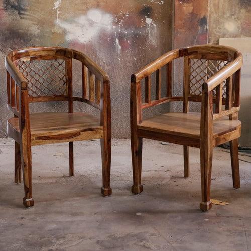 Vintage Natural Brown Finished Wooden Handmade Chair Set of 2