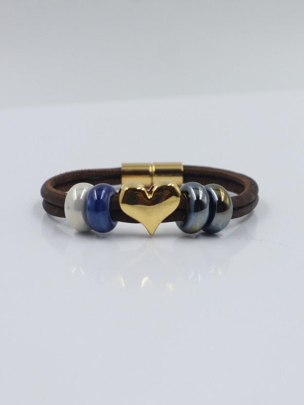 Forget Me Not - 18K Gold plated heart & Ceramic Cork Bracelet - BROWN