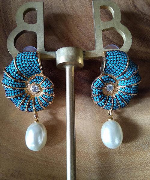 Conch Shell Crystal Encrusted Pearl Drop Earrings