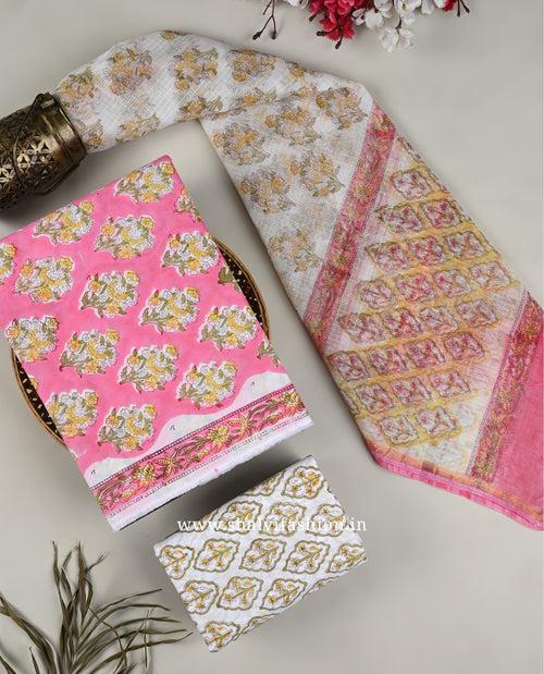 Pink Buti Print Cotton Suit Set with Kota Doria Dupatta (3CKD153)
