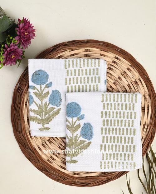 Blue Buta Print Waffle Cotton Bath Linen Set (BLS05)