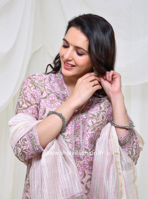 Bahar Floral Jaal Print Chanderi Cotton Suit Set with Chanderi Silk Dupatta (CSS156)