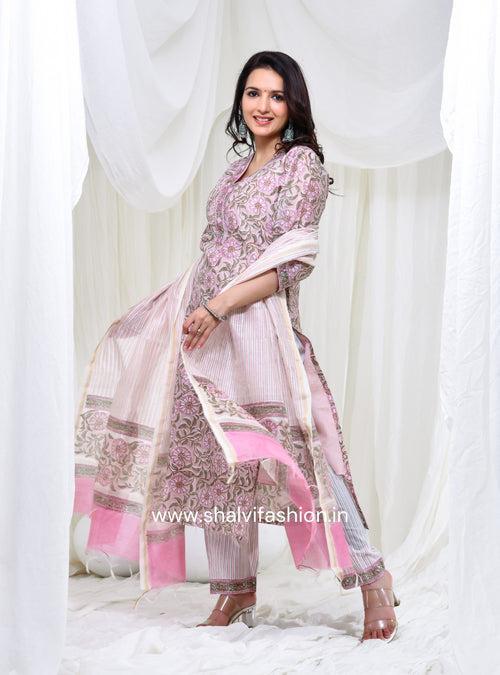 Bahar Floral Jaal Print Chanderi Cotton Suit Set with Chanderi Silk Dupatta (CSS156)