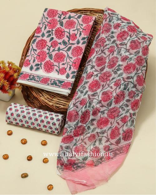 Pink Jaal Print Cotton Suit Set with Chiffon Dupatta (PCHF206)
