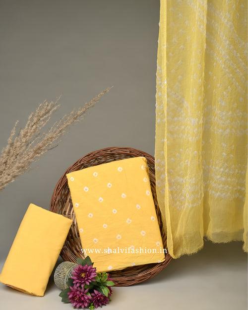 Yellow Bandhani Print Cotton Suit Set with Chiffon Dupatta (PCHF252)