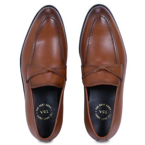 Derby Tan Twisted Strap Loafers.