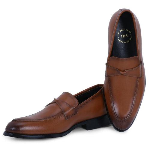 Derby Tan Twisted Strap Loafers.