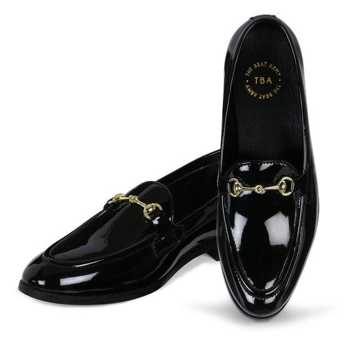 Henley Patent Black Horsebit Buckle Loafers.