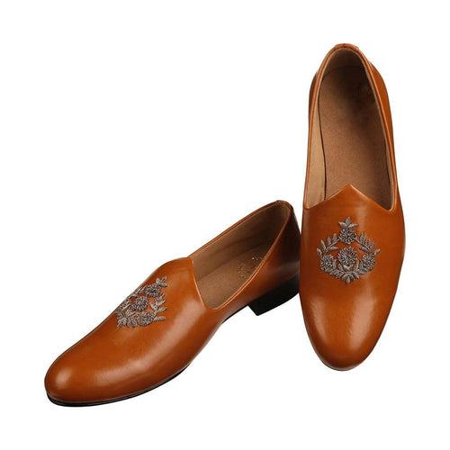 Anza Tan Hand-Embroidered Ethnic Slip-Ons