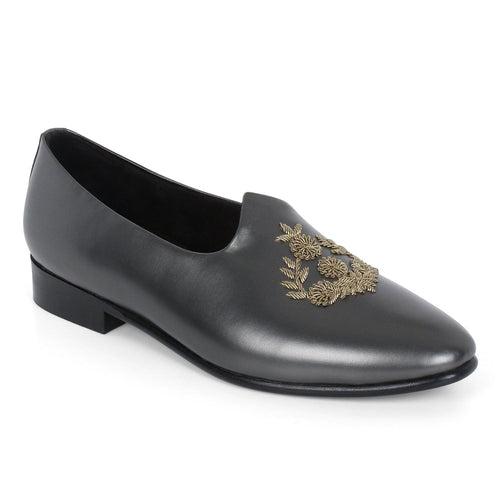 Anza Metallic Grey Hand-Embroidered Ethnic Slip-Ons