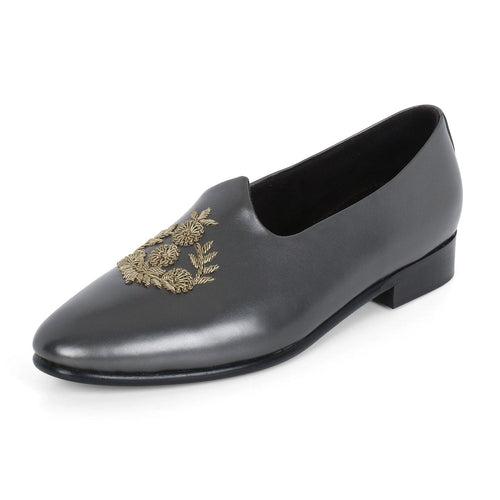 Anza Metallic Grey Hand-Embroidered Ethnic Slip-Ons