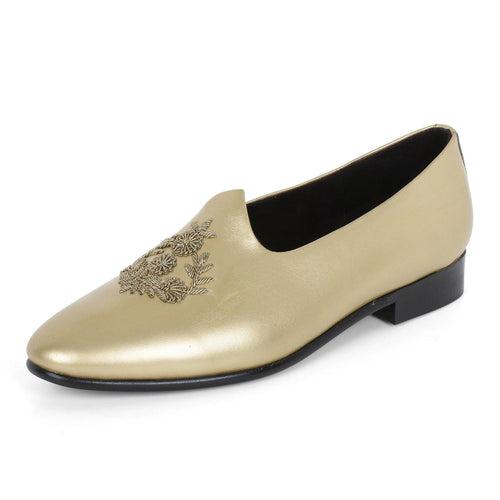 Anza Gold Hand-Embroidered Ethnic Slip-Ons