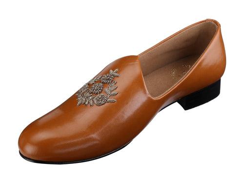 Anza Tan Hand-Embroidered Ethnic Slip-Ons