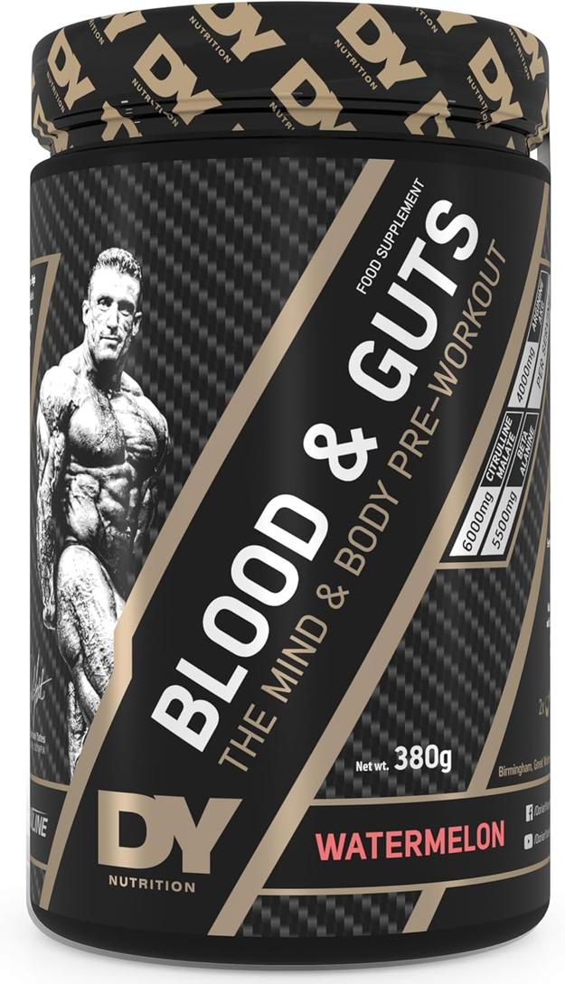 DY Nutrition Blood & Guts Pre Workout Powder, 380g - High Strength with 350mg Caffeine, Citrulline Malate, Beta Alanine, Arginine AKG, L-Tyrosine, Vitamin B3, Men & Women