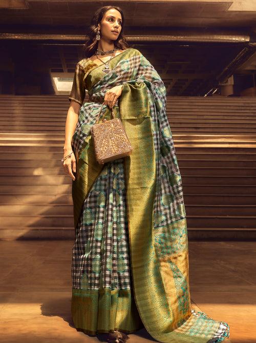 Green Grey Organza Checkered premium Saree