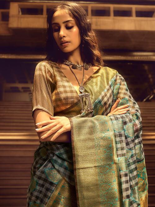 Green Grey Organza Checkered premium Saree