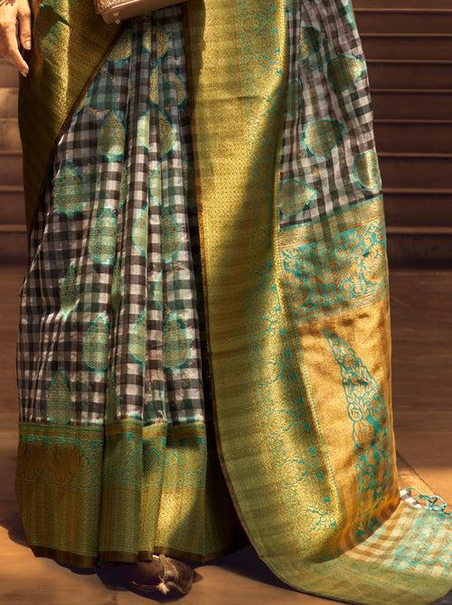 Green Grey Organza Checkered premium Saree