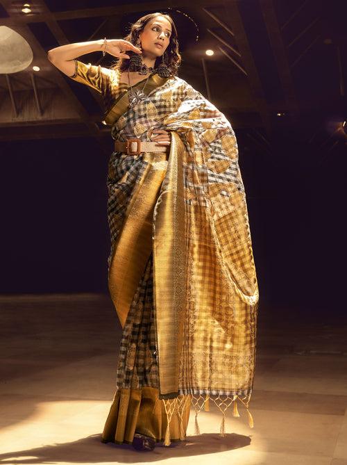 Gold Grey Organza Checkered premium Saree