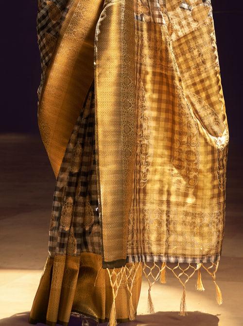 Gold Grey Organza Checkered premium Saree