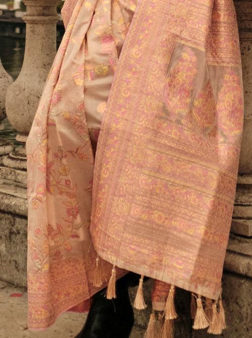 Beige Organza Kashmiri Designer Handloom Silk Saree