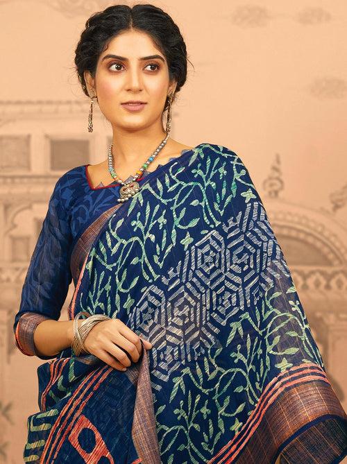 Space Blue Ajrakh Fusion Printed Saree