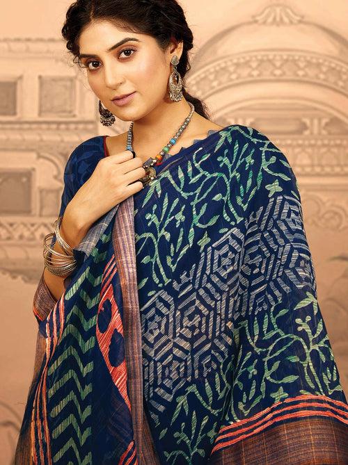 Space Blue Ajrakh Fusion Printed Saree