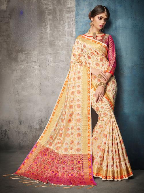 Cream Banarasi Silk Blend Saree