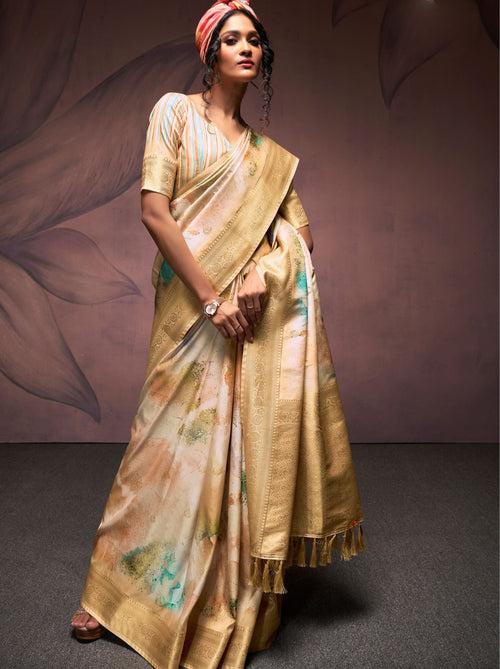 Gold Cream Silk Blended Saree