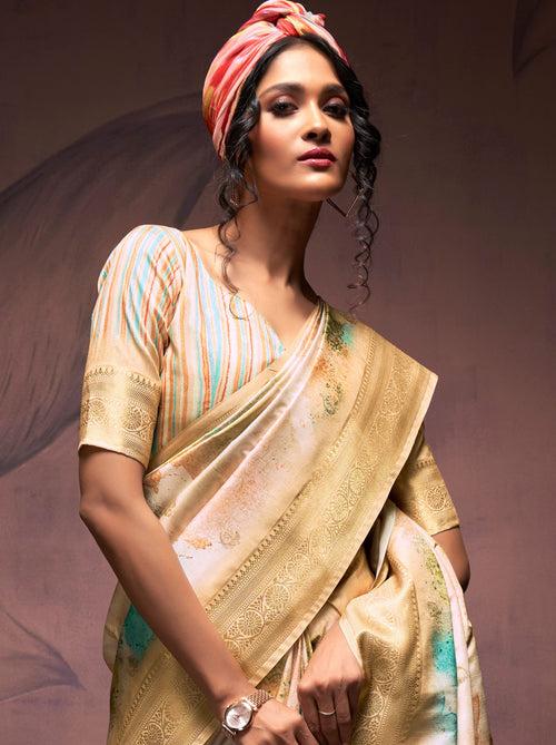 Gold Cream Silk Blended Saree