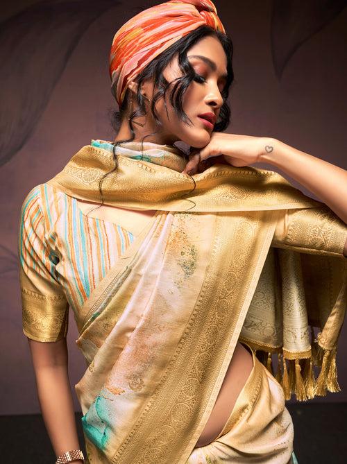 Gold Cream Silk Blended Saree