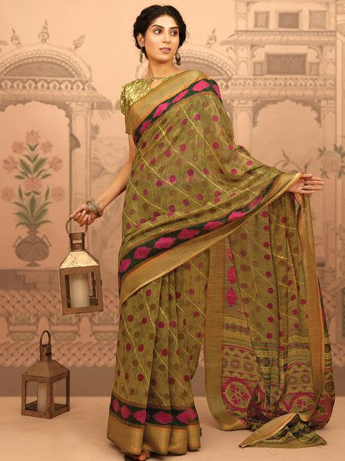 Green Gold Ajrakh Fusion Printed Saree