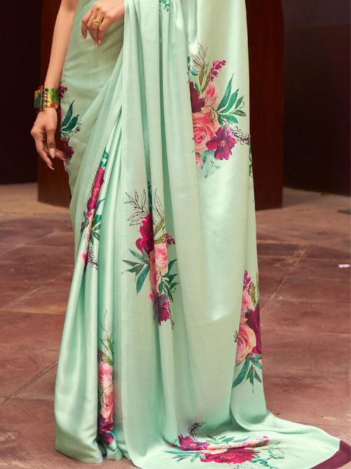 Tea Green Satin Silk Designer Saree