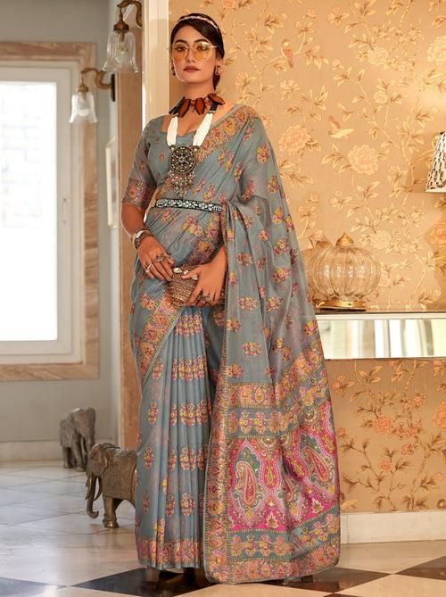 Grey Pashmina Silk Saree With Colorful Woven Motifs