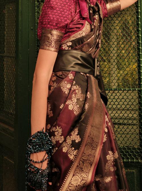Mahogany Red-Maroon Designer Satin Silk Blended Saree