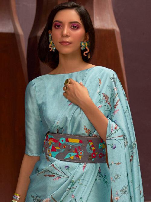 Maya Blue Satin Silk Designer Saree