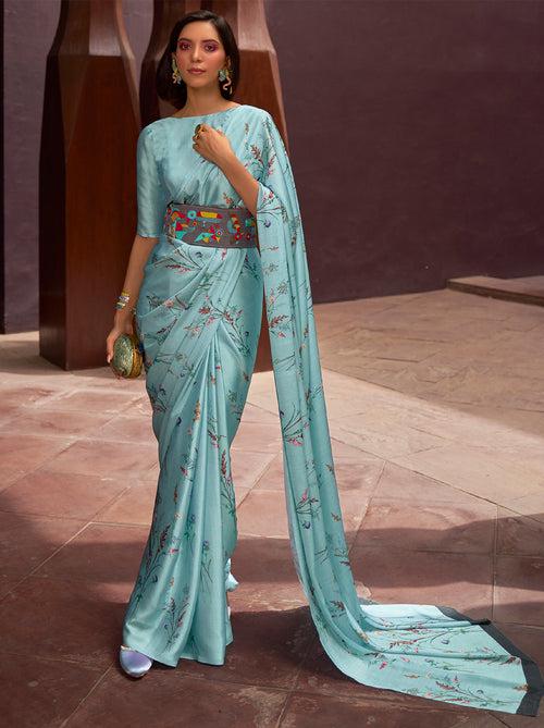 Maya Blue Satin Silk Designer Saree