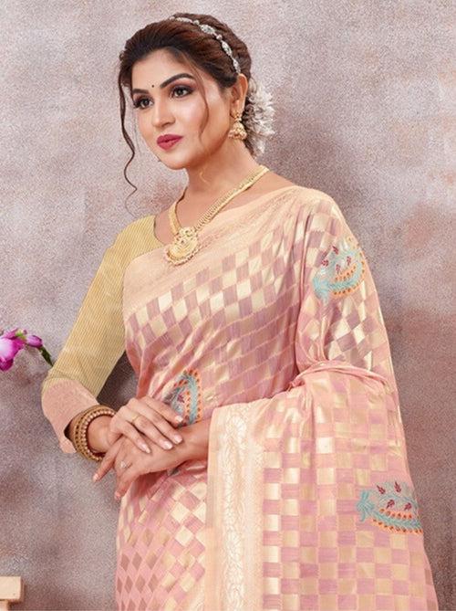 Peach Kota Cotton Silk Designer Saree