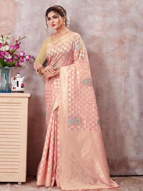 Peach Kota Cotton Silk Designer Saree