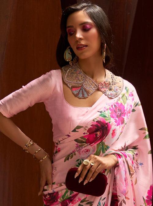 Carnation Pink Satin Silk Designer Saree